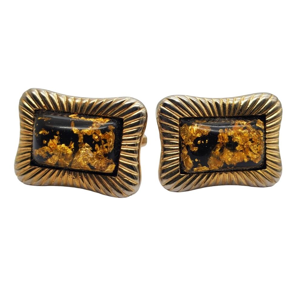 Hickok Cufflinks Monte Carlo Gold Flakes Retro Black MCM Vtg 1970s Classic Mens